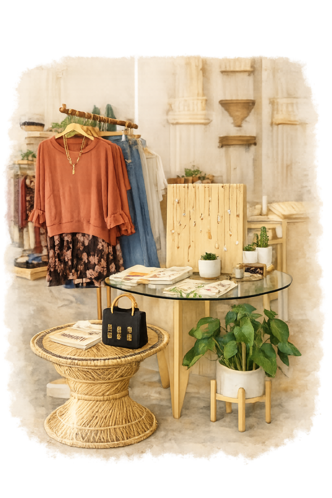 apresentação de produtos em boutique com look montado influenciando decisão de compra