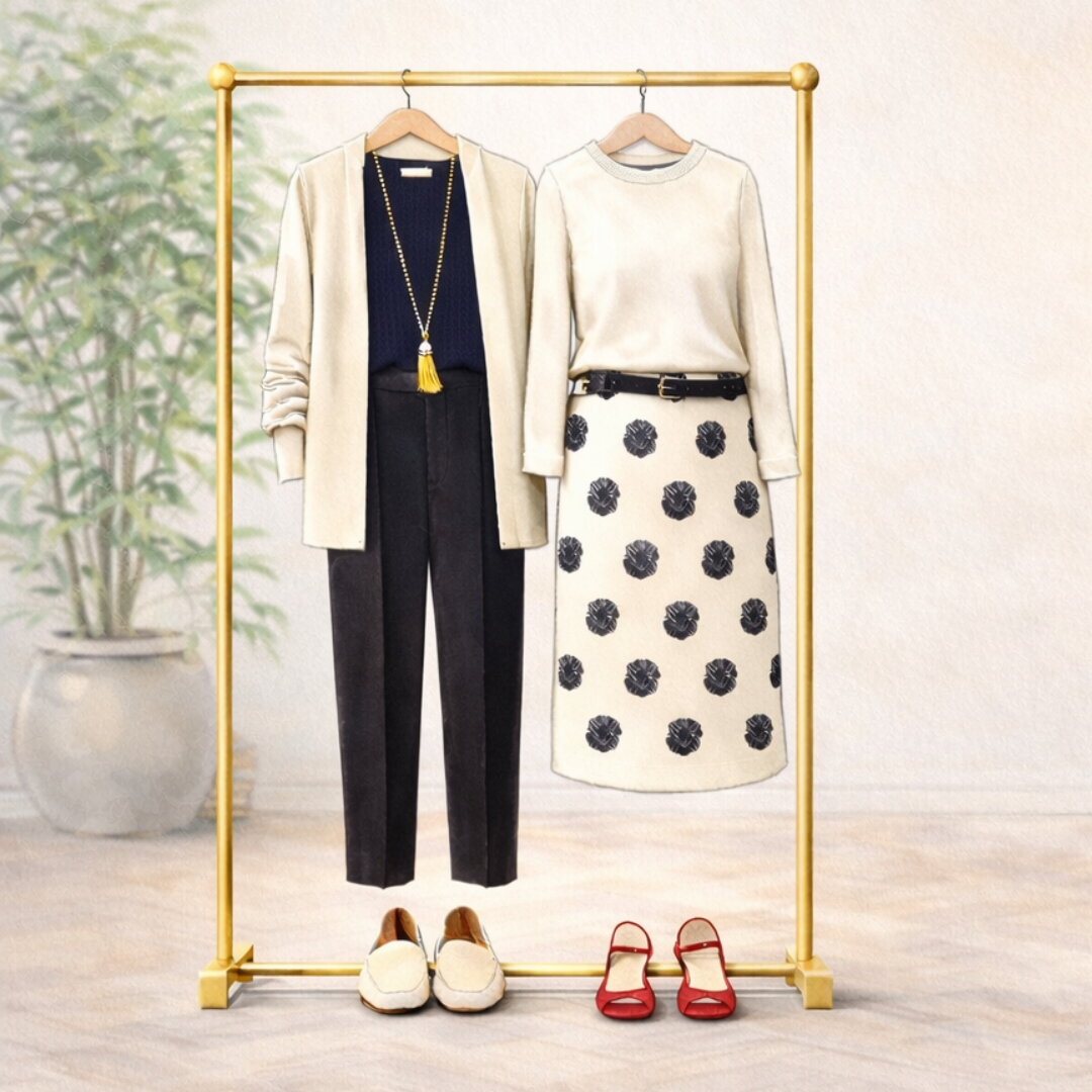 Exposição de look completo em boutique com peças combinadas estrategicamente para facilitar a decisão de compra