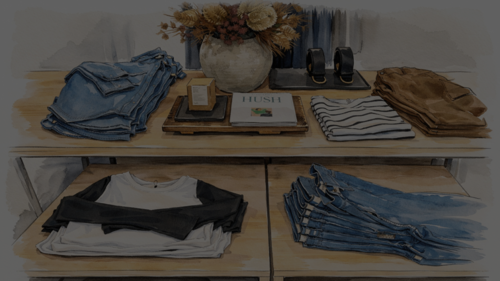 Mesa display com exposição de peças em cross merchandising