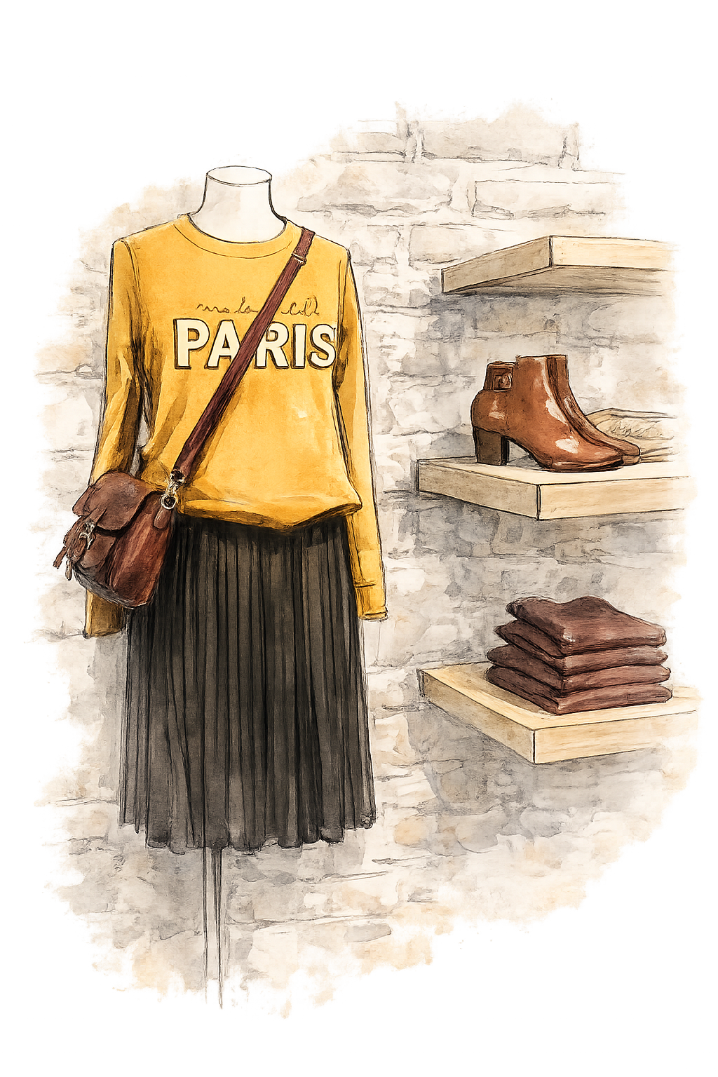 Exposição de produtos em loja de moda com ambientação estratégica, mostrando look com bolsa e prateleiras organizadas para estimular o desejo de compra