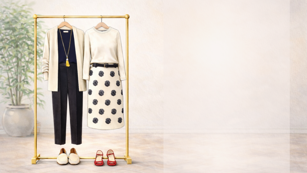 Exposição de look completo em boutique com peças combinadas estrategicamente para facilitar a decisão de compra